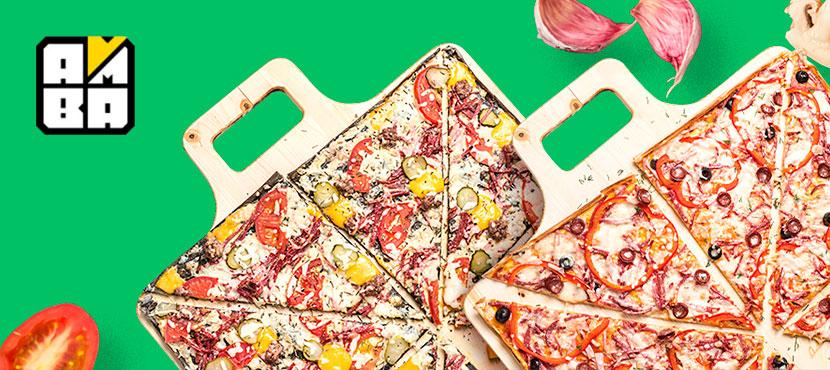 Доставка вкусной квадратной пиццы с большим количеством начинки AMBA pizza